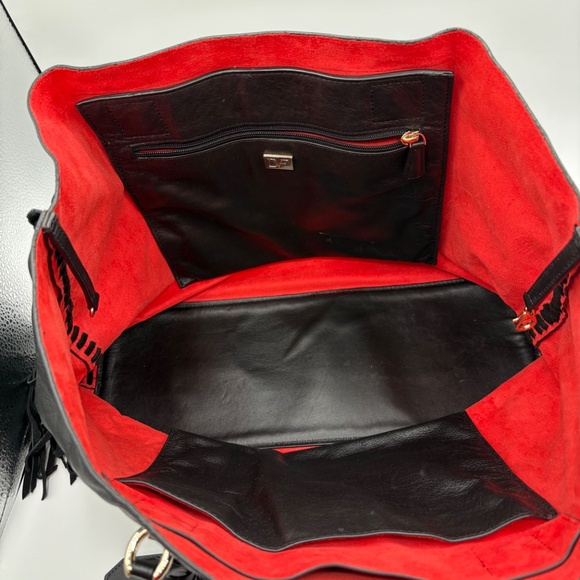 NEW~Diane Von Furstenberg Black Leather Tote/ Purse~Suede SideFringe~Red Lining - Picture 12 of 16
